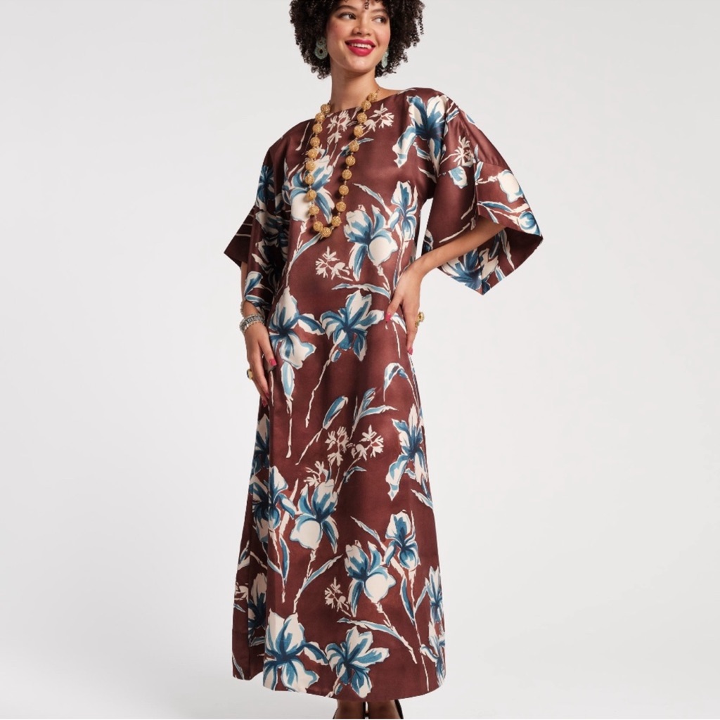 Frances Valentine Brown Floral Maxi Dress With Blue And White Blooms